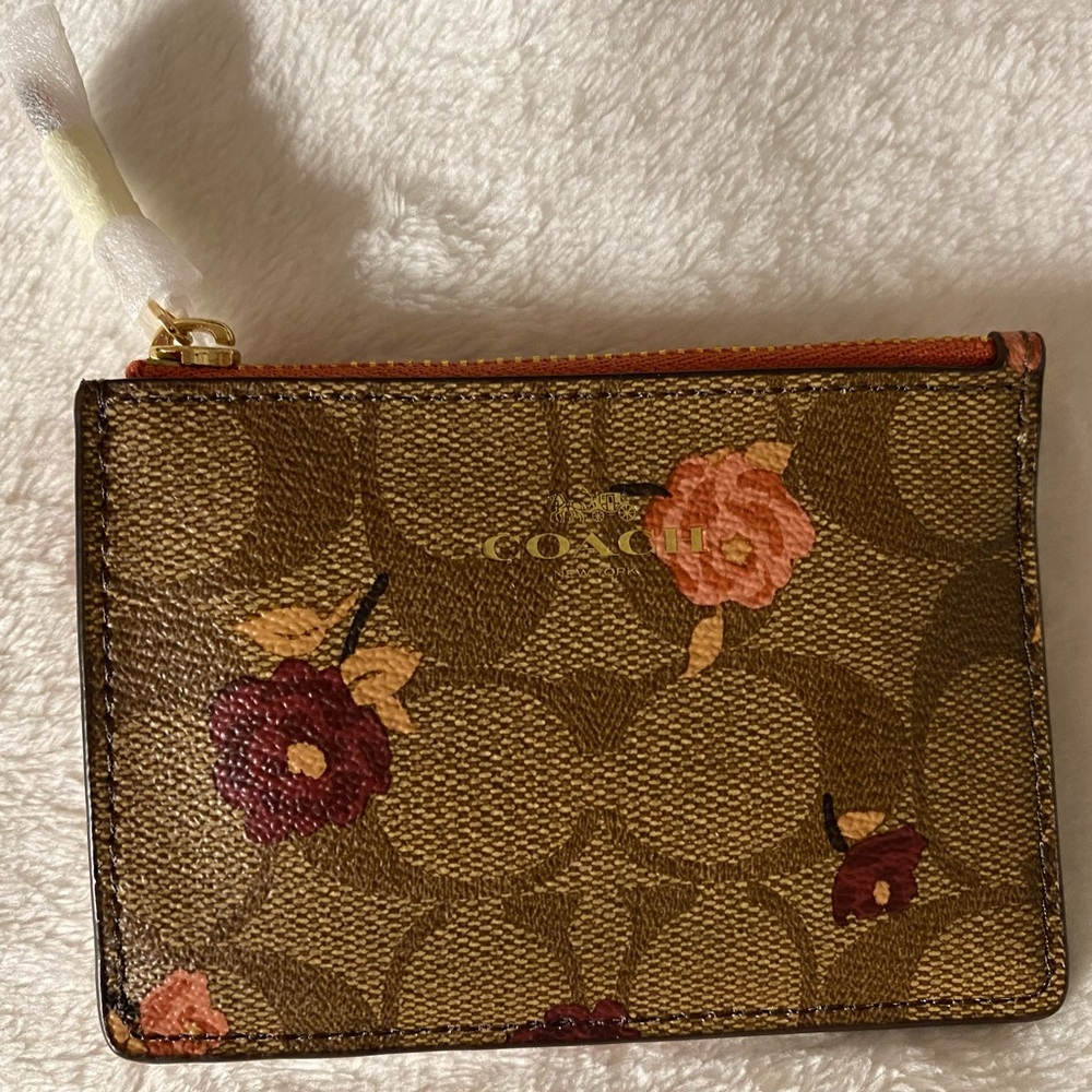 Coach Mini Skinny ID Case Wallet in Signature Canvas in Tossed Peony Print NWT